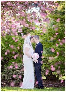 Bride and groom under cherry blossom wedding photography Dumbarton park Life in Focus Portraits wedding photographer Cardross Dumbarton