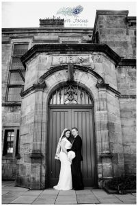 black and white photo of bride and groom Helensburgh Civic Centre Life in Focus Portraits wedding photographer Rhu Argyll and Bute