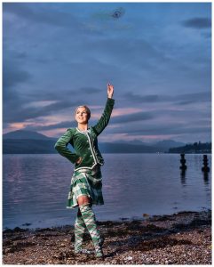 Highland dancer in kilt by loch after sunset Life in Focus Portraits dance photographer Loch Lomond