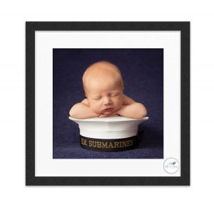 Newborn baby on Royal Navy Submariner cap Life in Focus Portraits baby photographer Faslane HMS Neptune Rhu Helensburgh