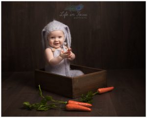baby in bunny outfit little sitter milestone photoshoot Life in Focus Portraits baby photographer Balloch Alexandria Luss