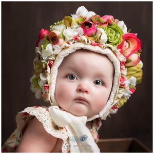 baby in flower bonnet little sitter session Life in Focus Portraits baby milestone photography Rhu Helensburgh Cardross