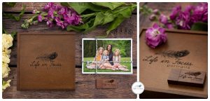 product photos of walnut box and USB Life in Focus Portraits Digital Collection all images on USB with full set of prints Family photoshoots Helensburgh