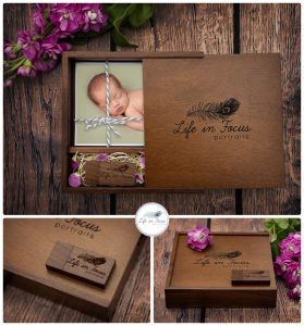product photos walnut slide top box with USB and prints Life in Focus Portraits digital collection Newborn baby photographer Rhu Helensburgh