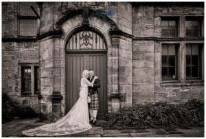 monochrome photograph of bride and groom on wedding day secret elopement wedding in Helensburgh