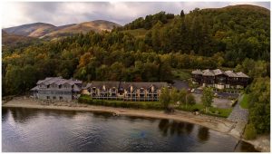 Aerial drone photo of the Lodge on Loch Lomond Wedding Venue Loch Lomond WEding Photographer Life in Focus Portraits